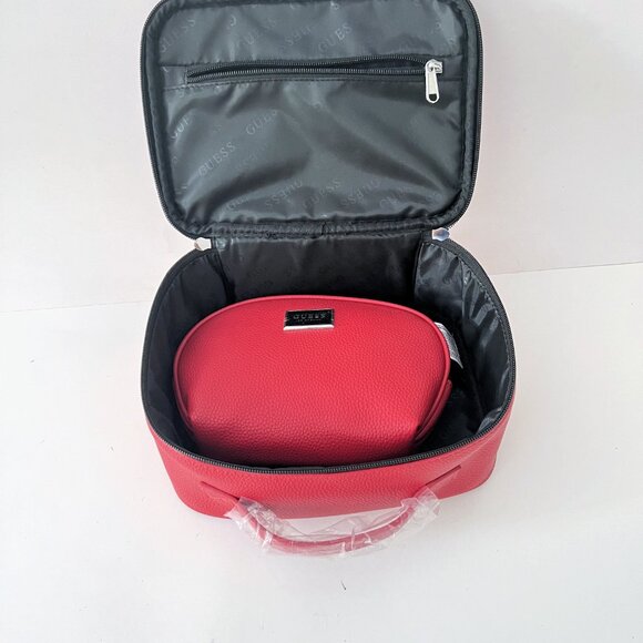 NEW GUESS Red Pebbled Faux Leather Travel Case & Makeup Bag Set - Picture 9 of 16